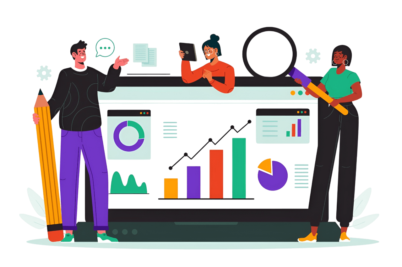 Market research visualization showing data analysis, customer insights, and business strategies